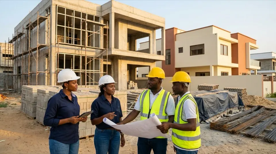 Architecte et conducteurs de travaux béninois examinant les plans devant une villa en construction à Cotonou